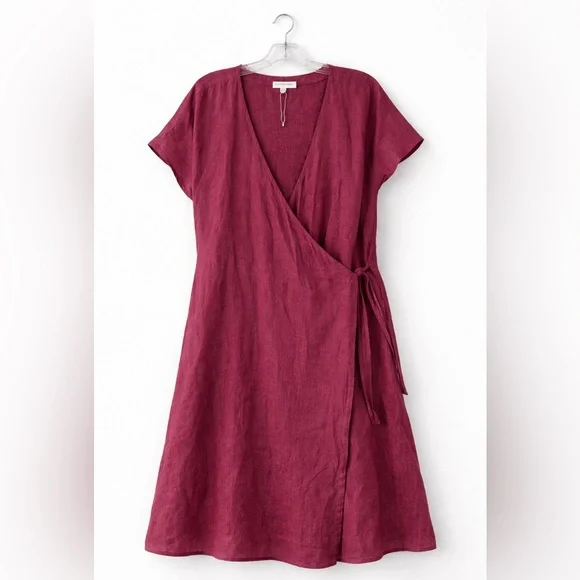 Eileen Fisher Organic Linen Wrap Dress Raspberry vine V-Neck Midi Size 2X - Picture 1 of 9